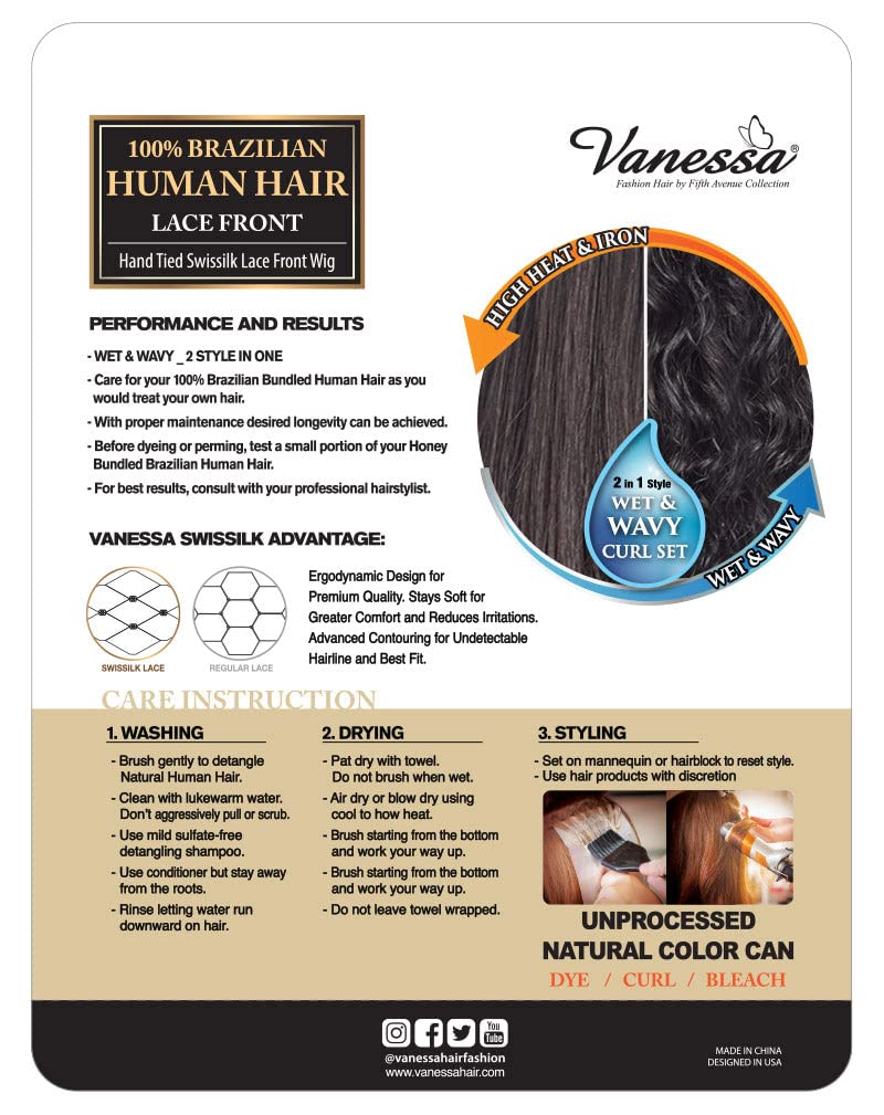 Vanessa 100% Unprocessed
 Human Hair Swissilk 
Lace Front Wig-THH-WETGAVI